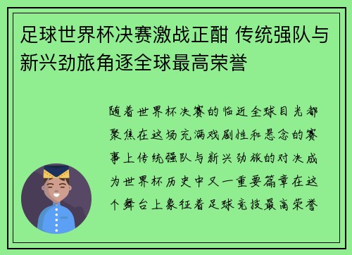 足球世界杯决赛激战正酣 传统强队与新兴劲旅角逐全球最高荣誉