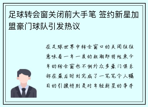 足球转会窗关闭前大手笔 签约新星加盟豪门球队引发热议