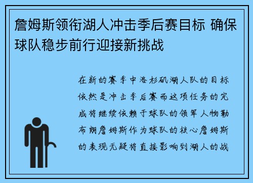 詹姆斯领衔湖人冲击季后赛目标 确保球队稳步前行迎接新挑战